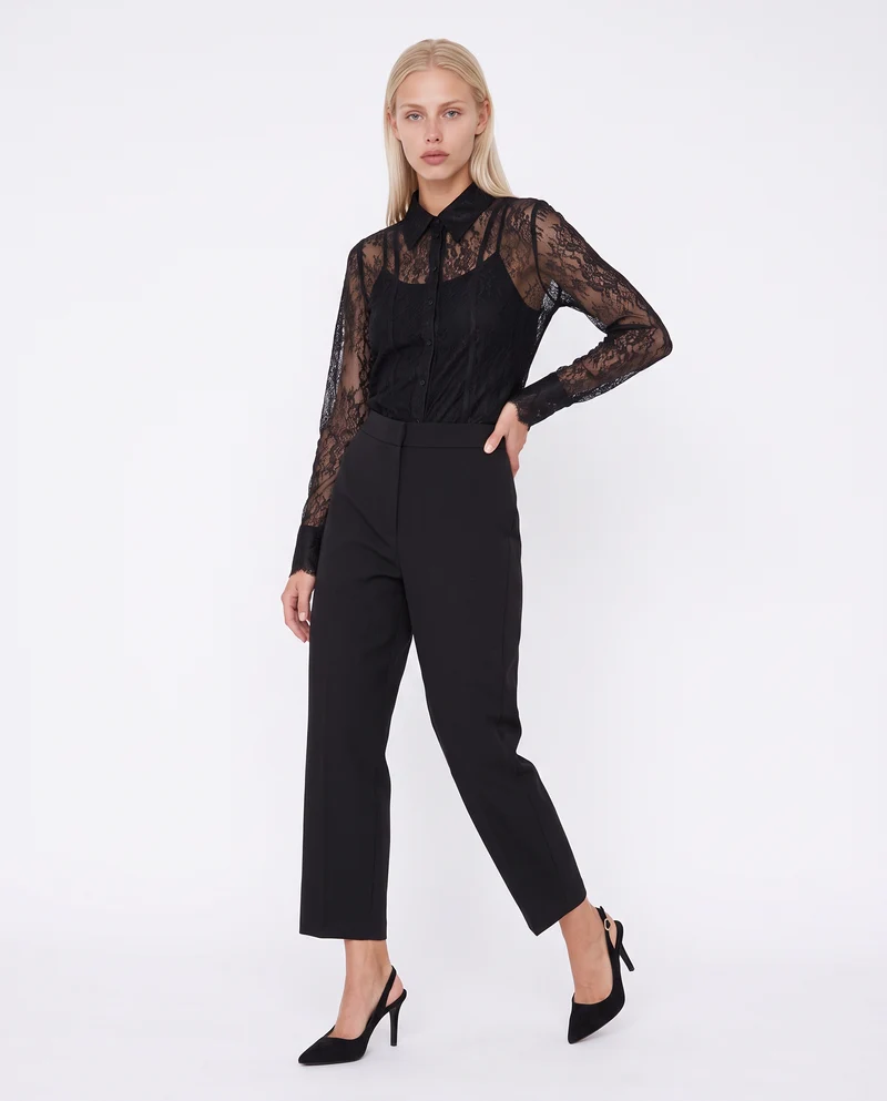 Camicia in rete lunga con pizzo raffinato - Nero