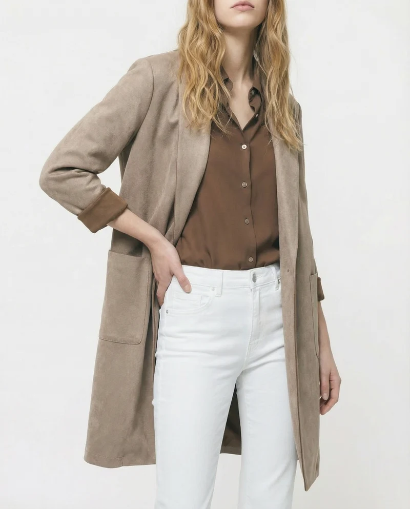Cappotto monopetto in suede - Grigio fango