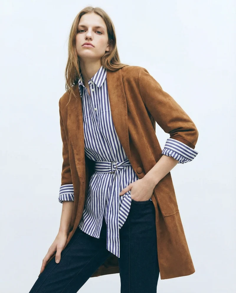 Cappotto monopetto in suede - Cammello