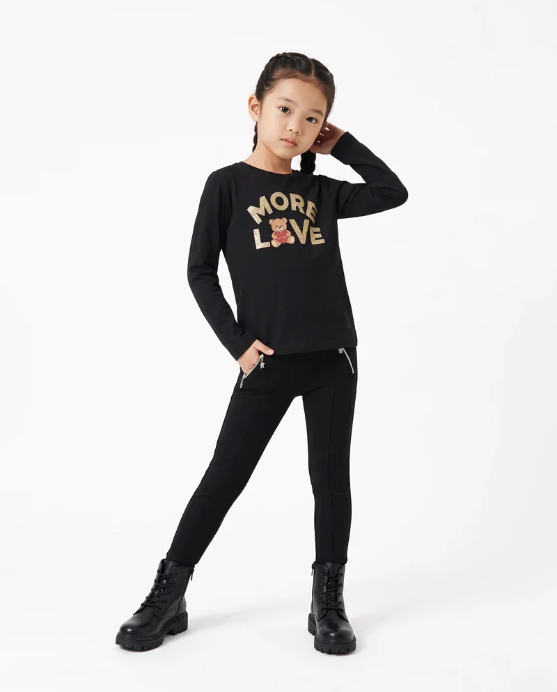 Leggings da bambina con zip e nervature - Nero