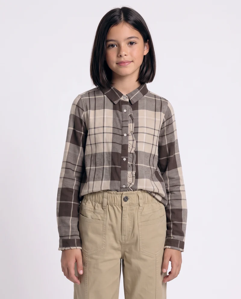 Camicia in flanella manica lunga con rouches - Beige scuro