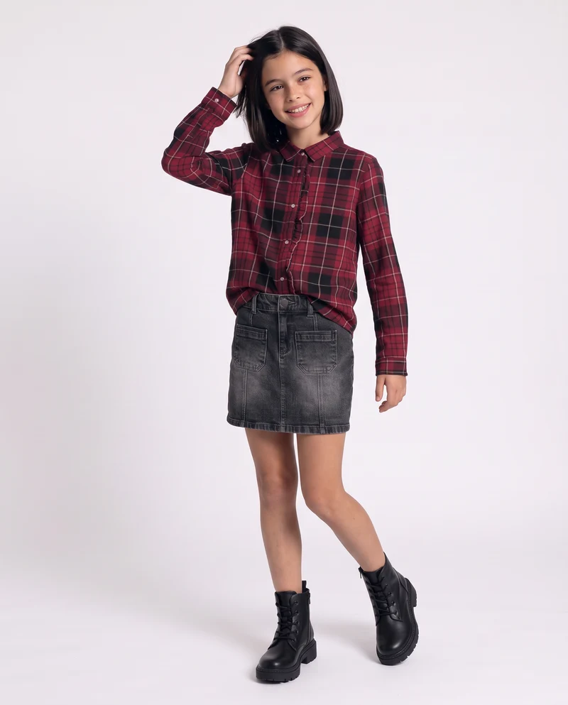 Camicia in flanella manica lunga con rouches - Bordeaux
