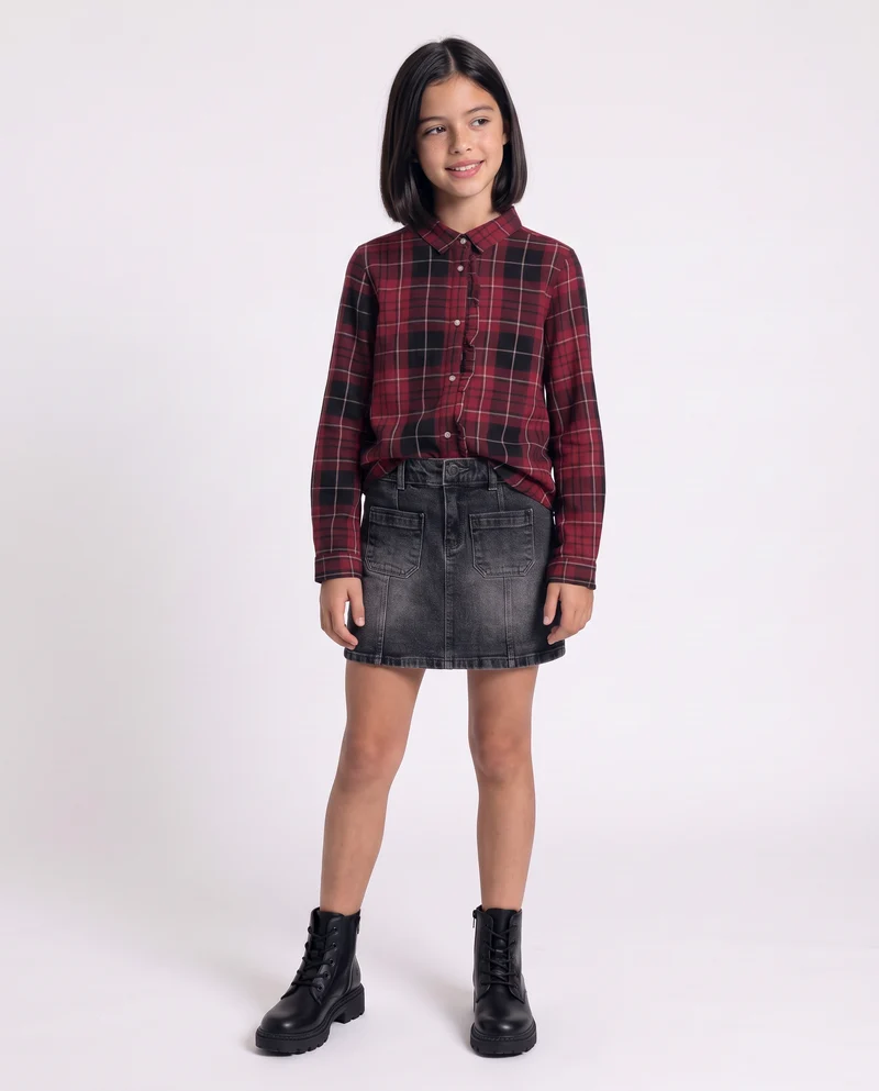 Camicia in flanella manica lunga con rouches - Bordeaux