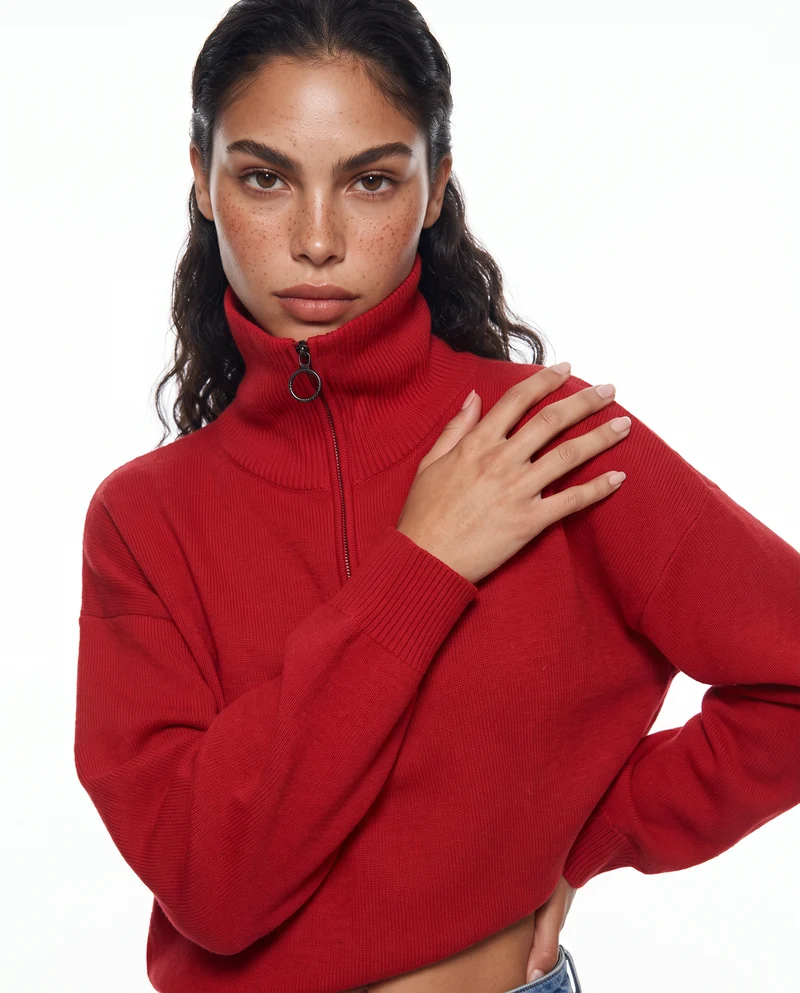 Maglia over manica lunga con zip - Rosso