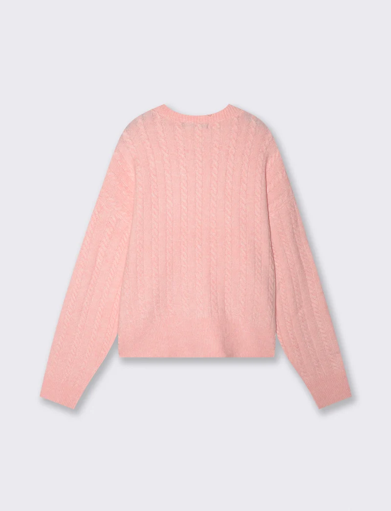 Maglia a trecce con collo paricollo - Rosa chiaro