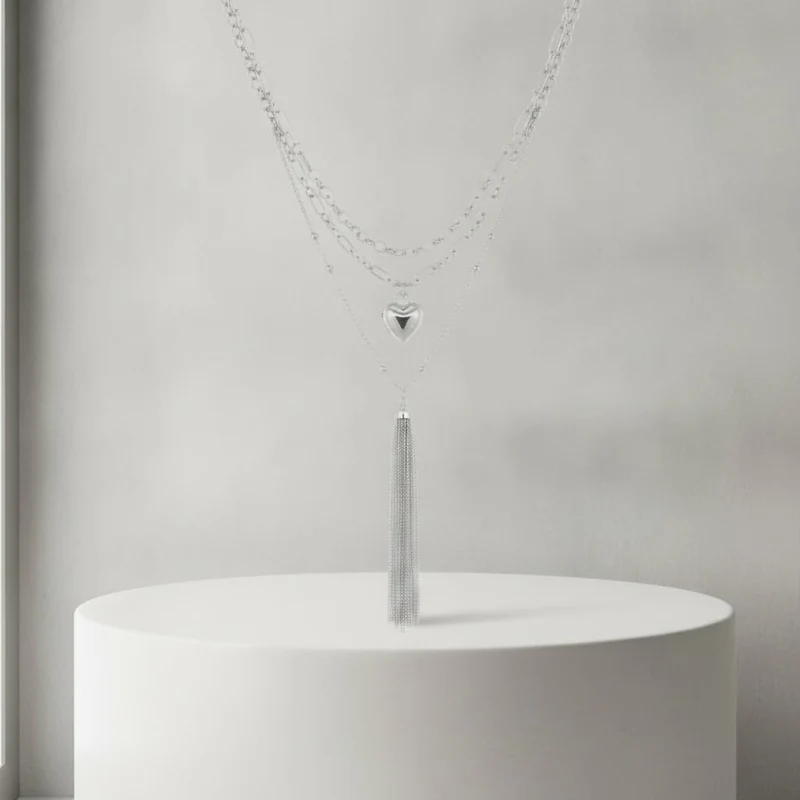Collana 3 pezzi: cuore grande e nappa - Argento
