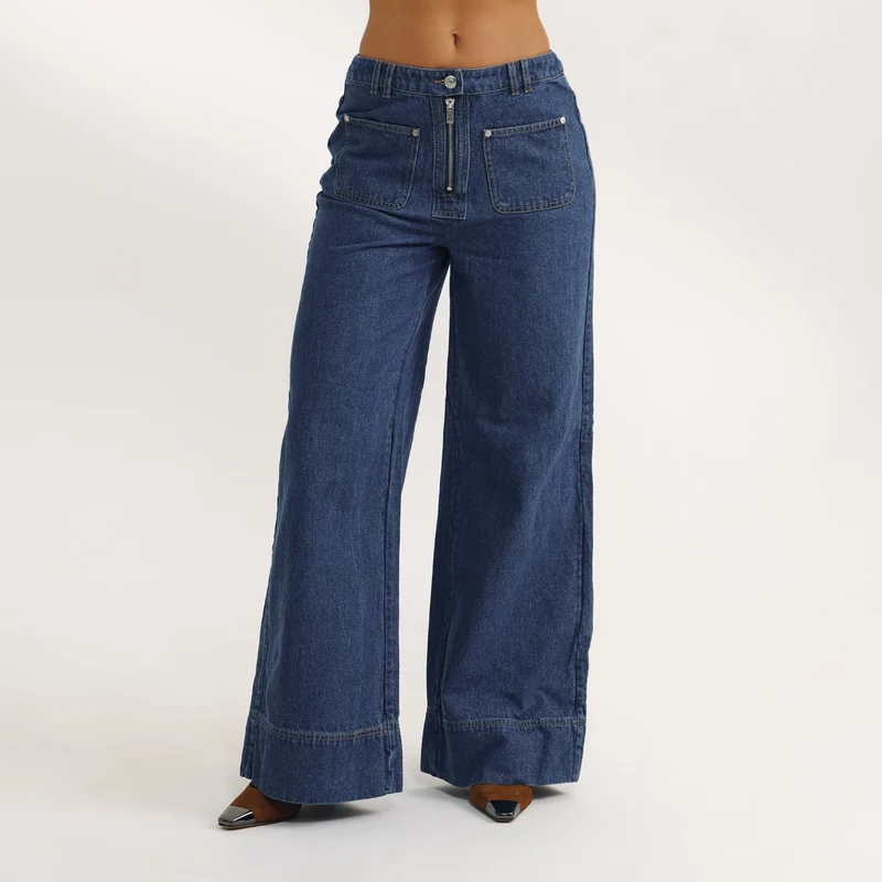 Hochtaillierte Jeans mit Weitem Bein - Blau