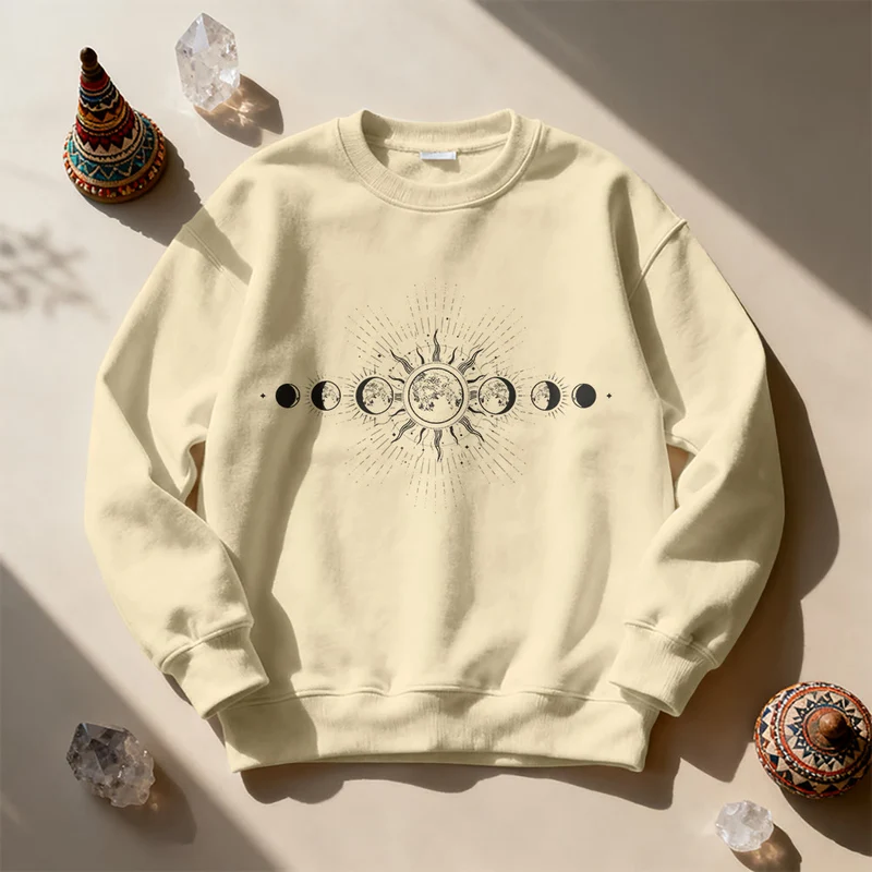 Olivenorma Boho-Sweatshirt mit Himmelsmotiven (Mond & Sonne)