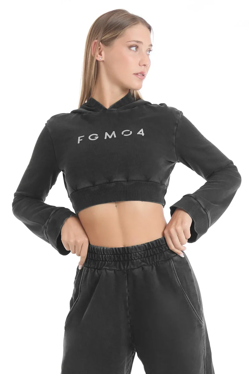 Felpa Donna Crop Cappuccio Grigio Ardesia