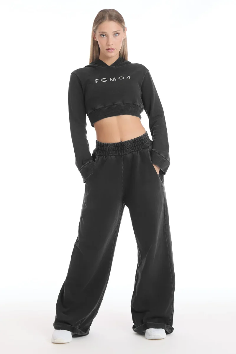 Felpa Donna Crop Cappuccio Grigio Ardesia