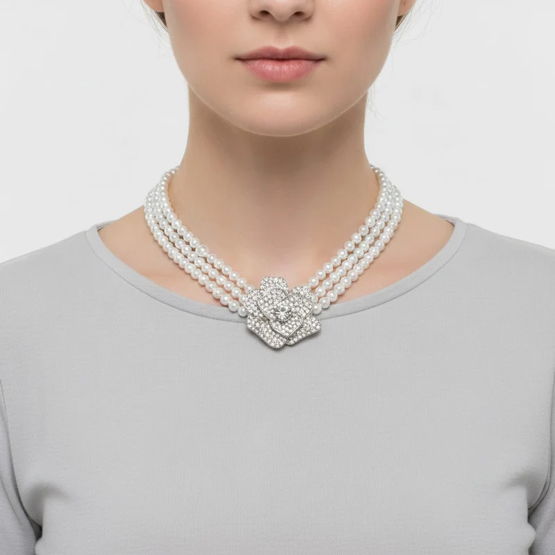 Collana girocollo con perle e fiore - Trasparente