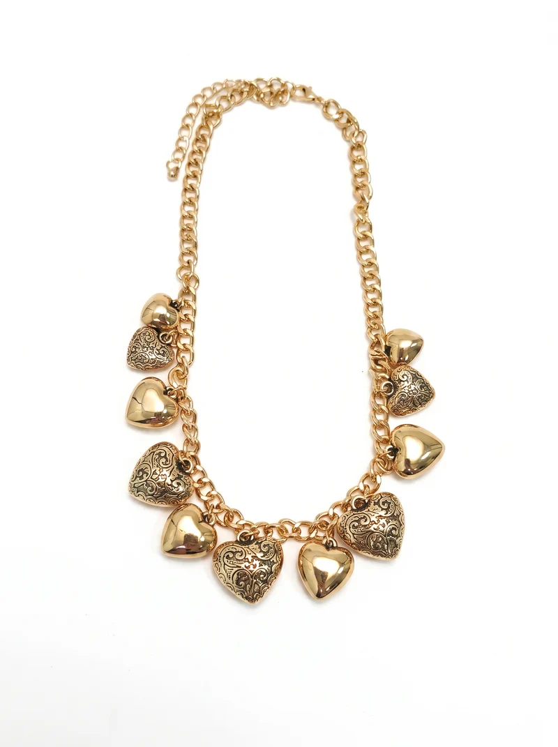 Collana con cuori intarsiati e lisci - Oro