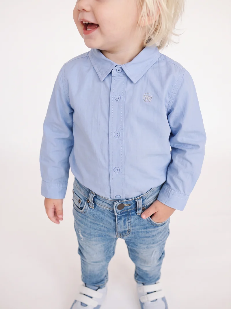 Camicia basica manica lunga con ricamo - Azzurro