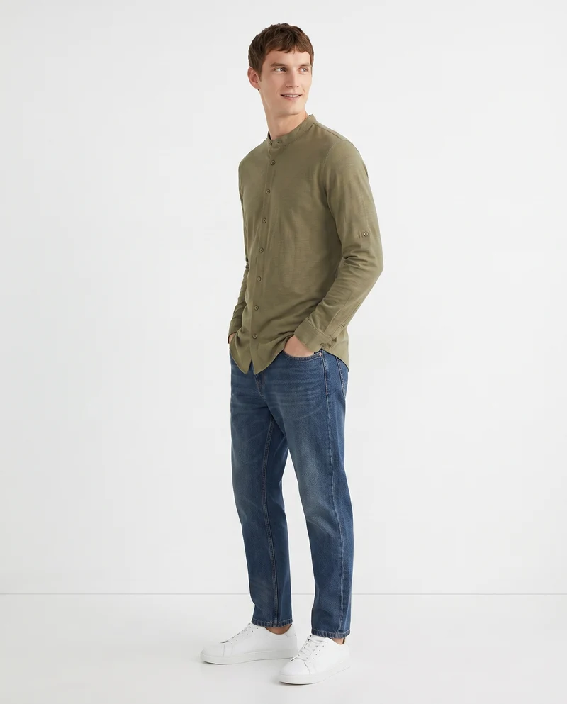 Camicia jersey slub con collo coreano - Moro