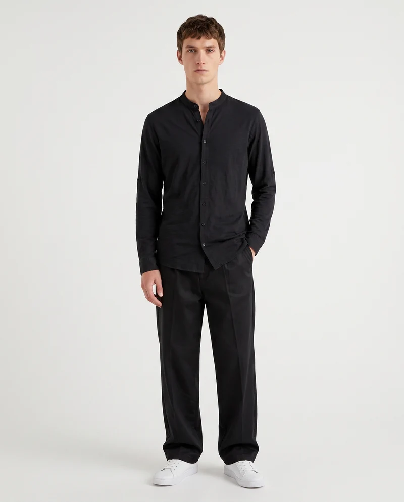 Camicia jersey slub con collo coreano - Nero