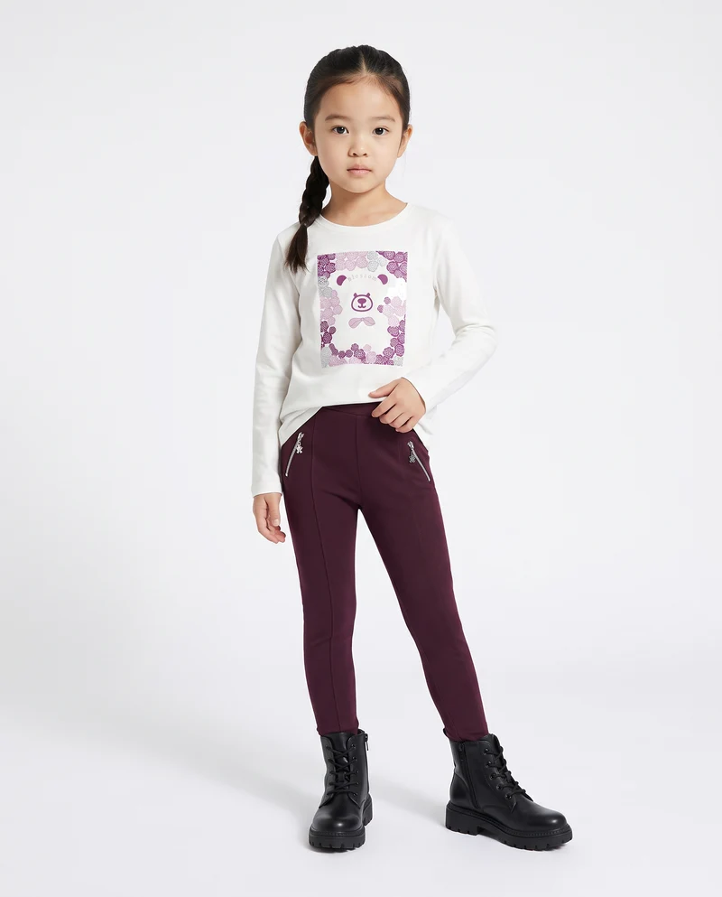 Leggings da bambina con zip e nervature - Bordeaux