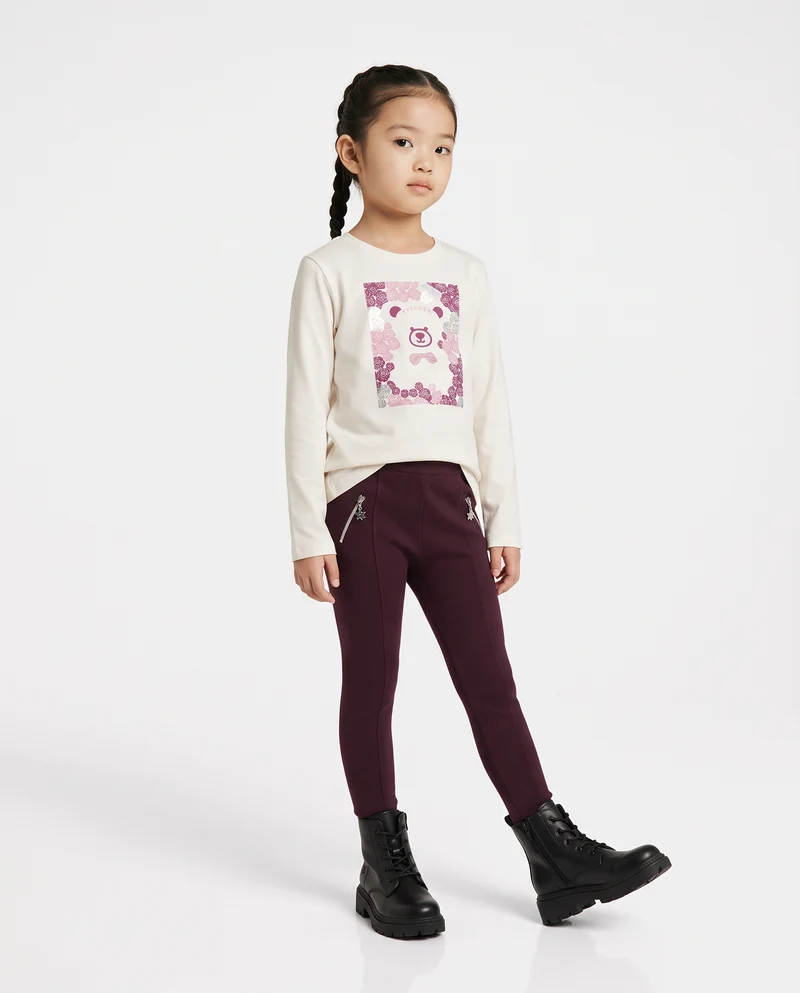 Leggings da bambina con zip e nervature - Bordeaux
