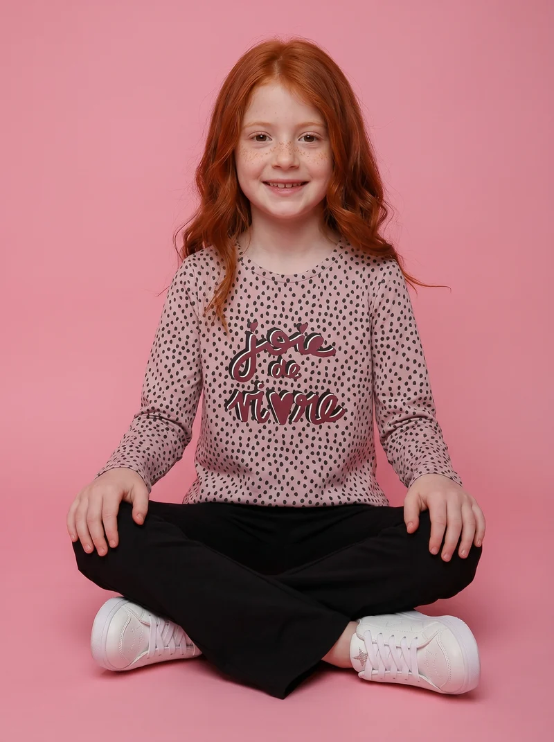 T-shirt manica lunga con stampa lucida - Rosa polvere
