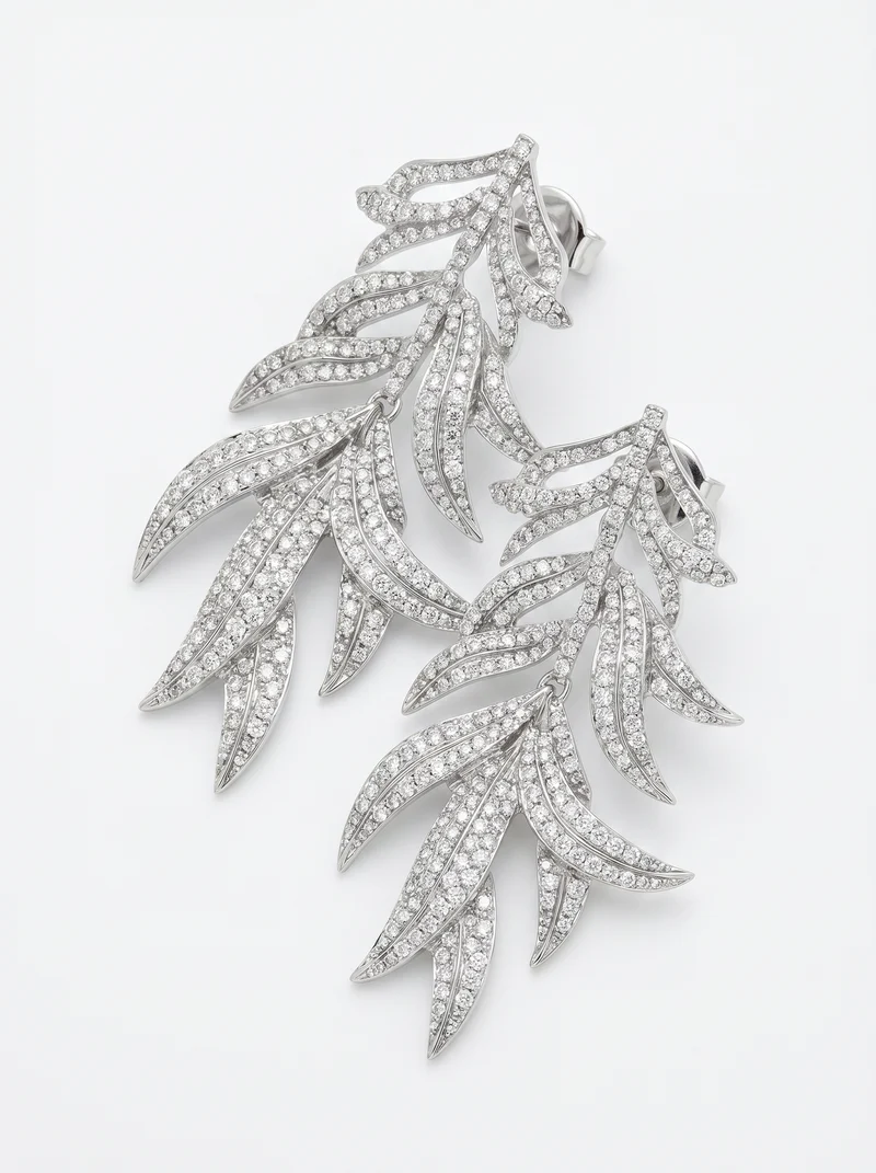 Orecchini lunghi con foglie e strass - Argento