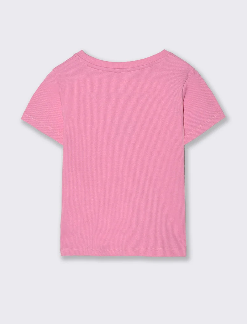 T-shirt in costina con stella e strass - Rosa candy