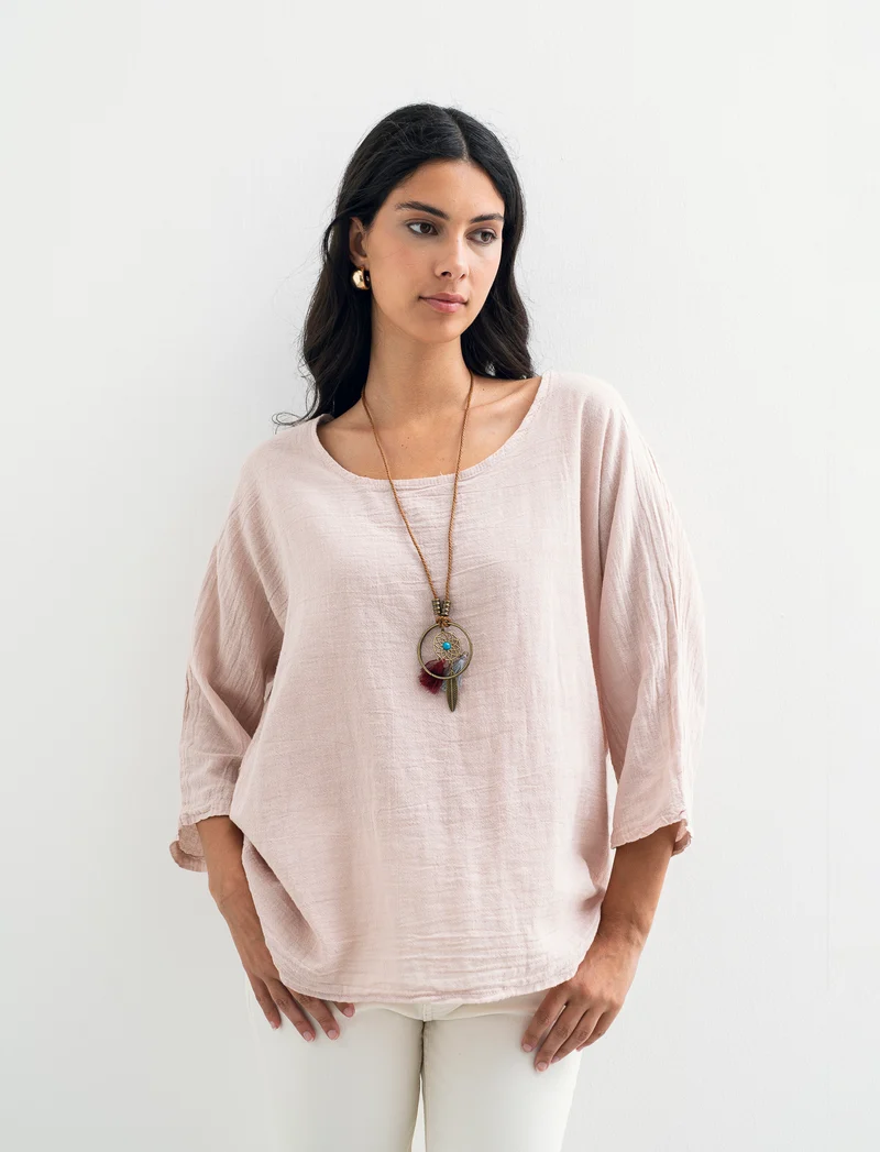 Casacca over con collana in cotone e lino - Rosa