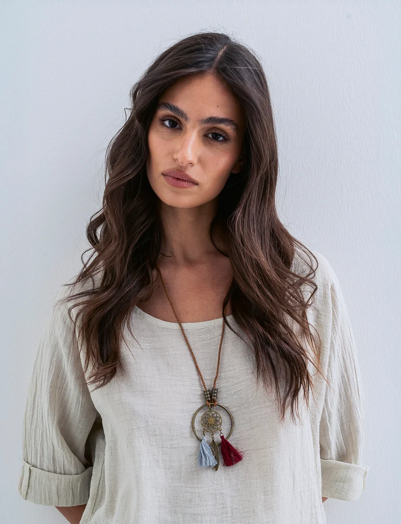 Casacca over con collana in cotone e lino - Beige
