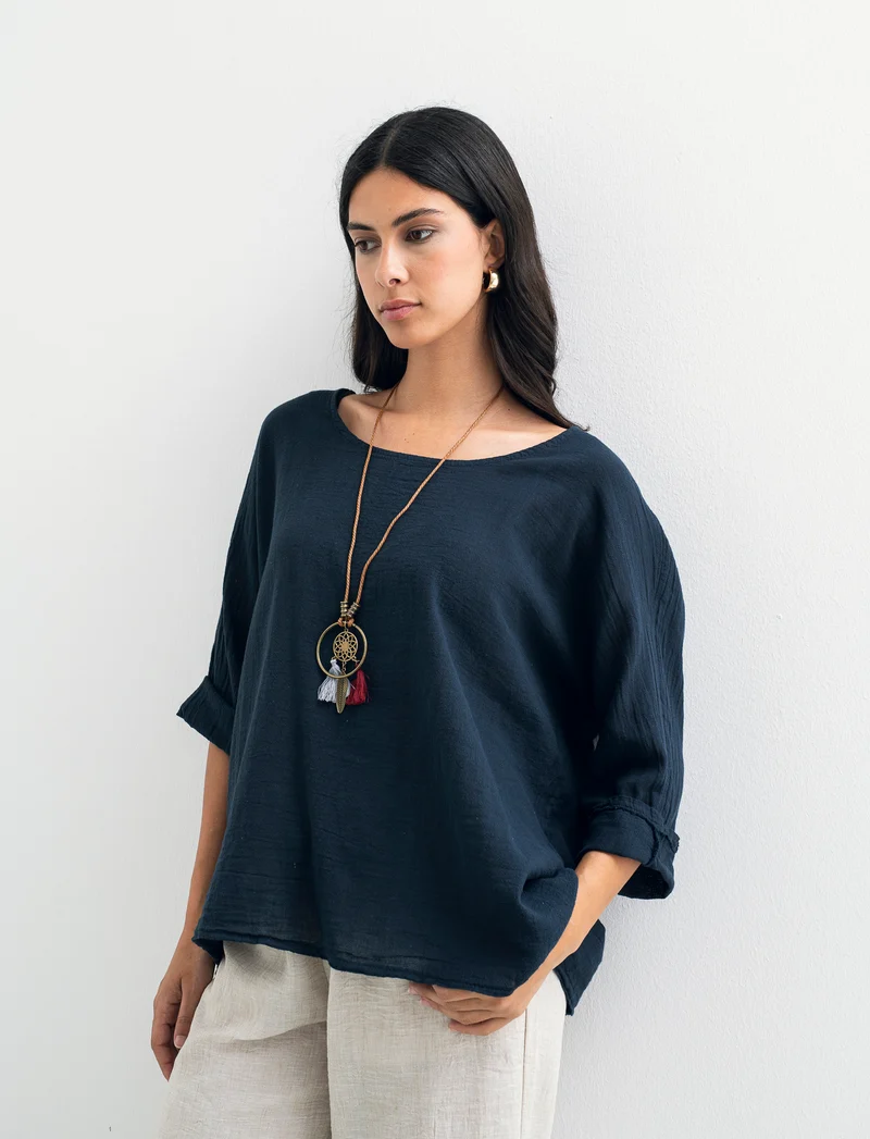 Casacca over con collana in cotone e lino - Blu