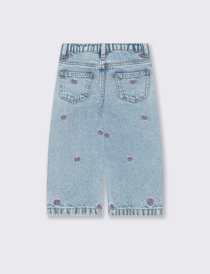 Jeans con Ricami e Vita Regolabile - Denim