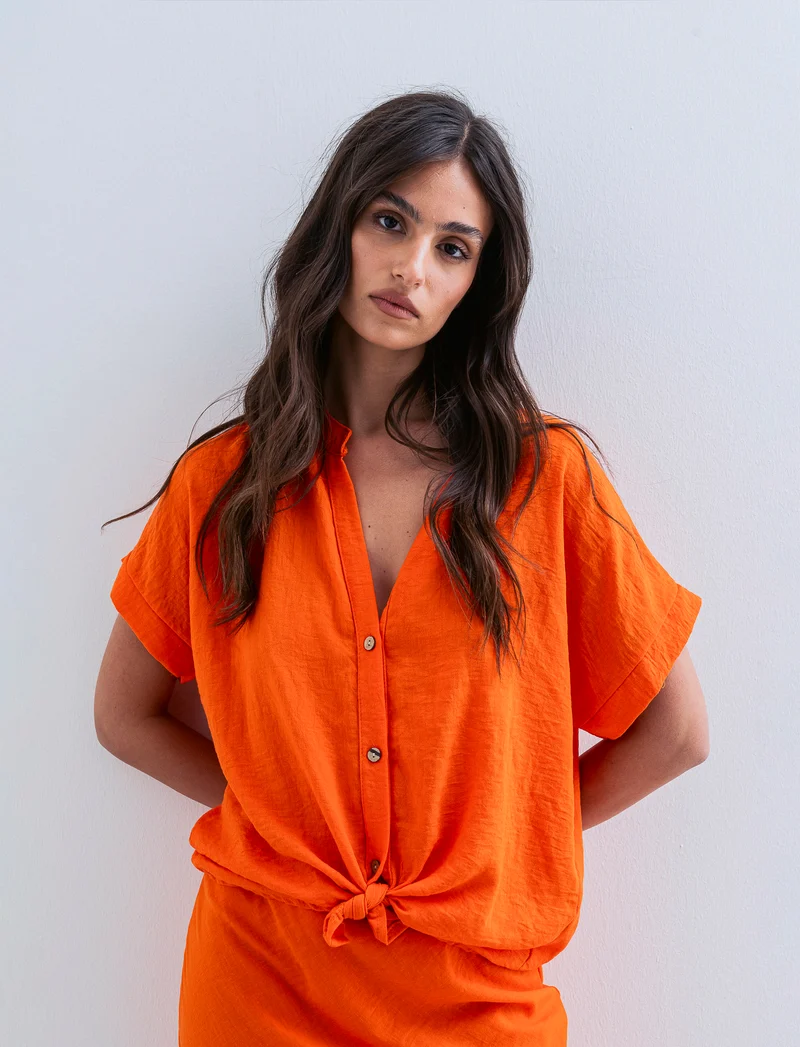 Camicia mezza manica collo coreana - Arancio