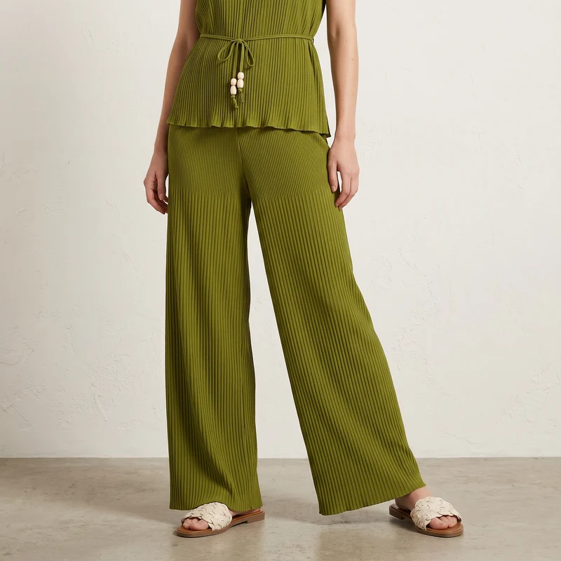 Pantaloni Morbidi a Costine Plissettati - Verde
