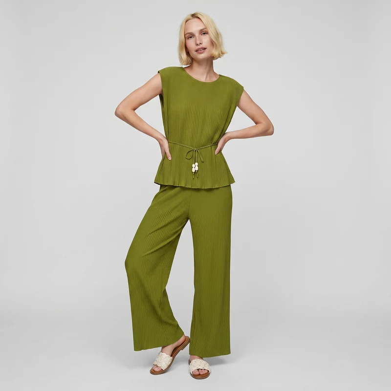 Pantaloni Morbidi a Costine Plissettati - Verde