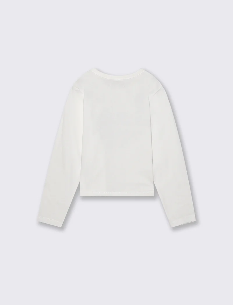 T-shirt manica lunga con strass e stampa - Bianco latte