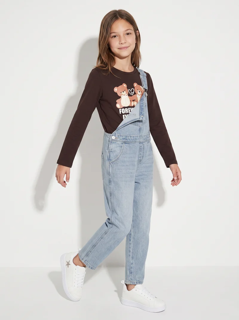 Salopette lunga in denim con bretelle regolabili - Denim chiaro