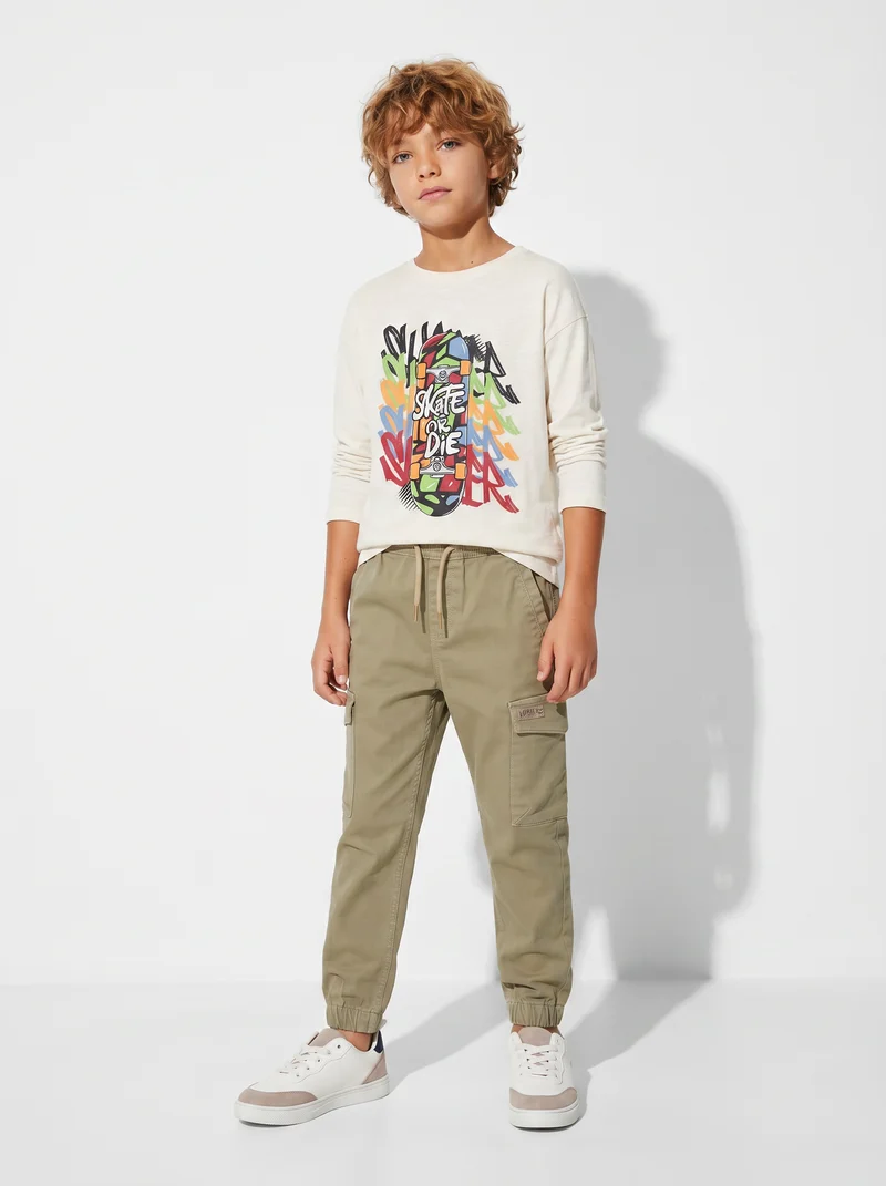 T-shirt maniche lunghe in jersey fiammato - Bianco latte