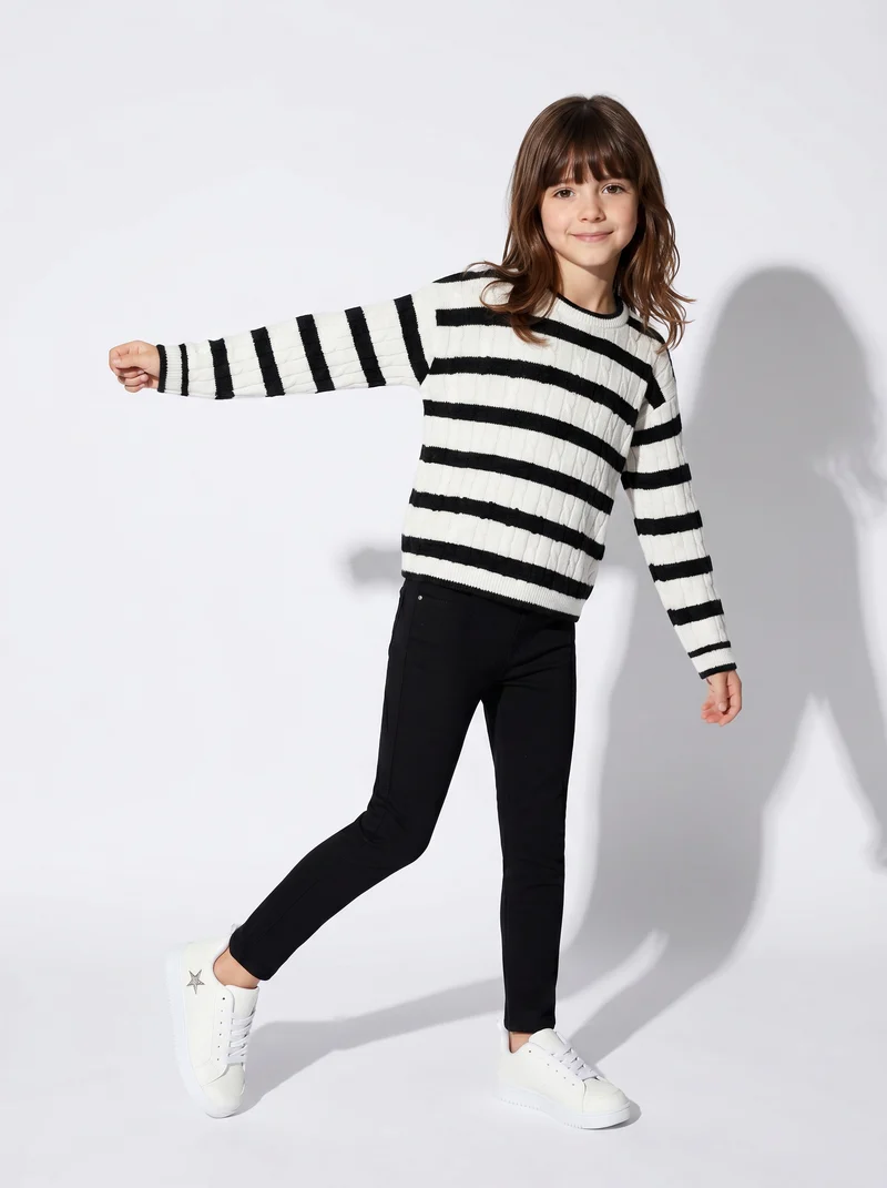 Maglione a righe con trecce verticali - Bianco-nero