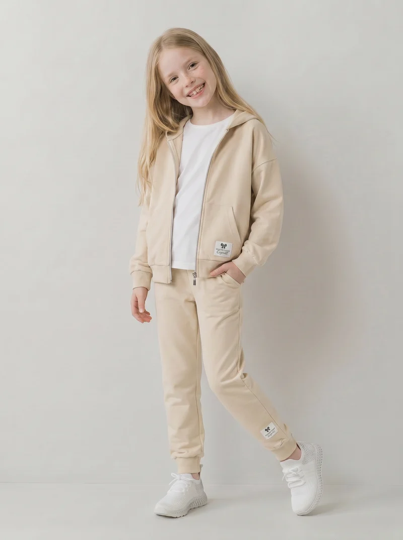 Felpa in french terry con zip e cappuccio - Beige