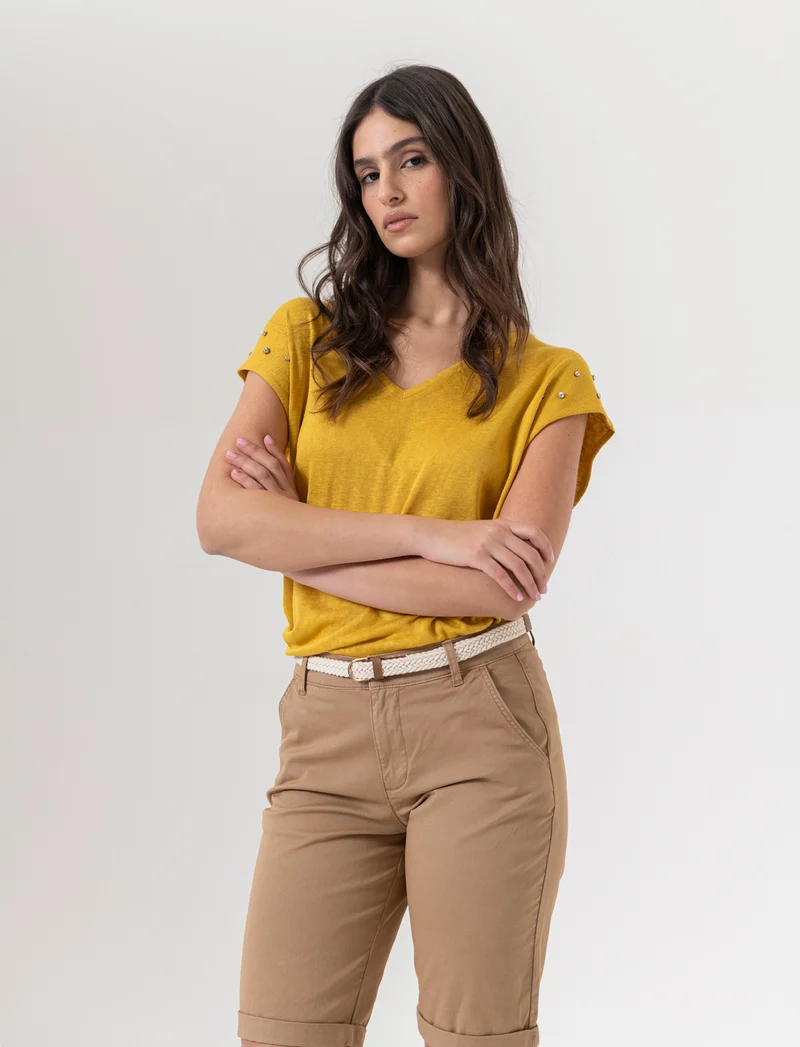 T-shirt con applicazioni da donna - Senape