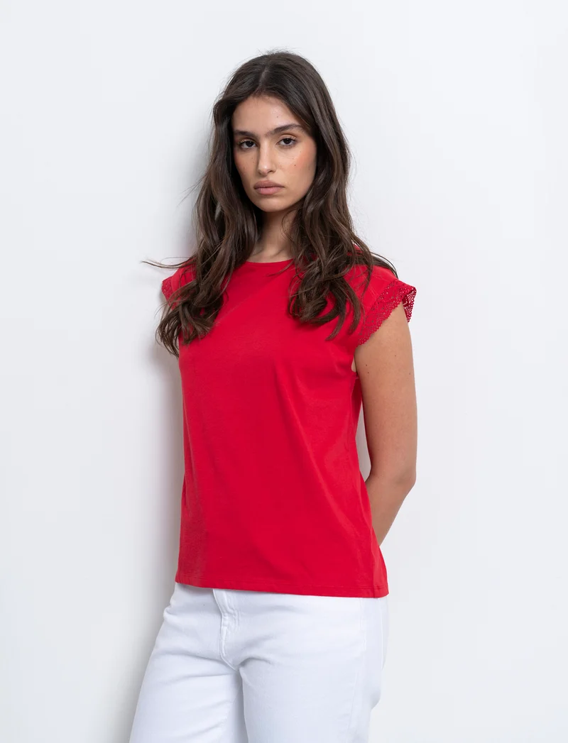 T-shirt con inserto in pizzo da donna - Rosso scarlatto