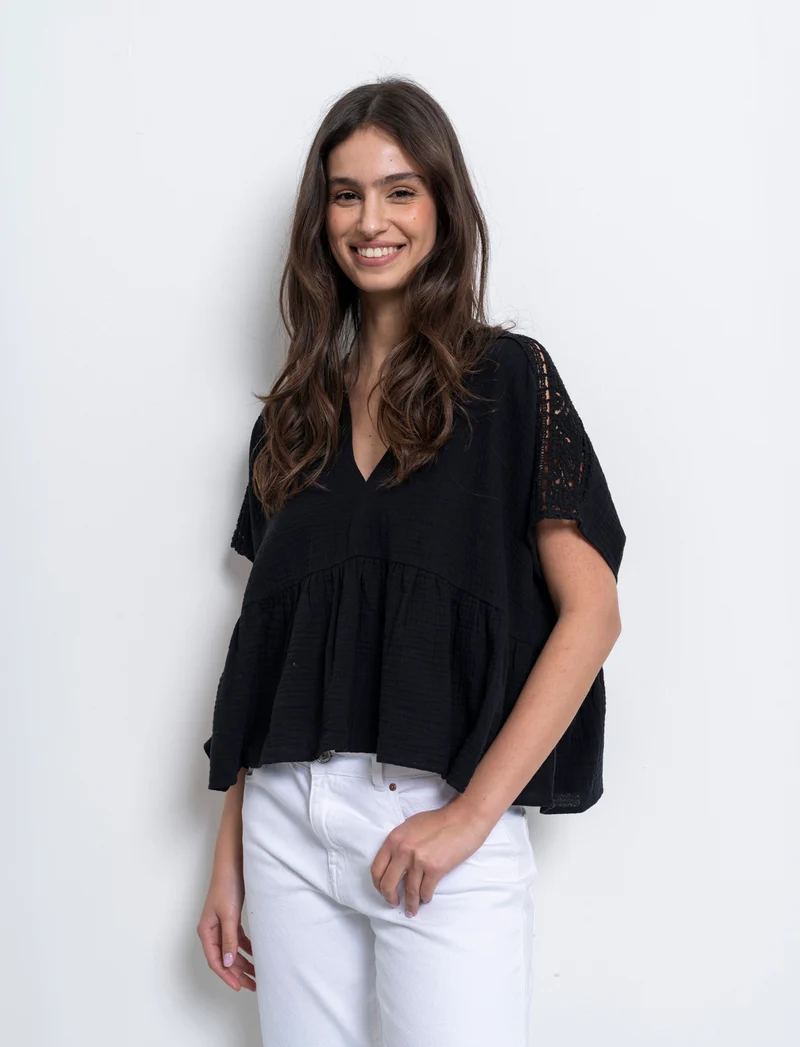 Top con inserto di pizzo da donna - Nero