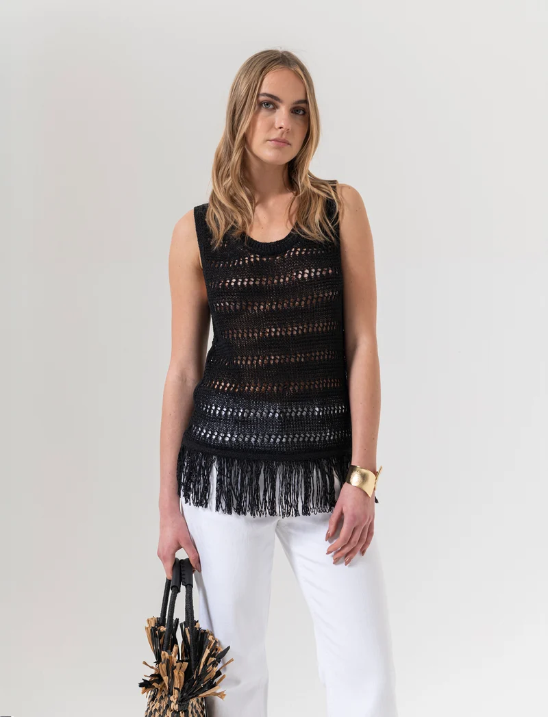 Top crochet con frange da donna - Nero