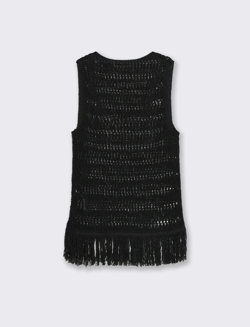 Top crochet con frange da donna - Nero