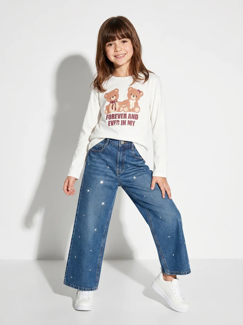 Jeans wide leg in cotone con strass - Denim