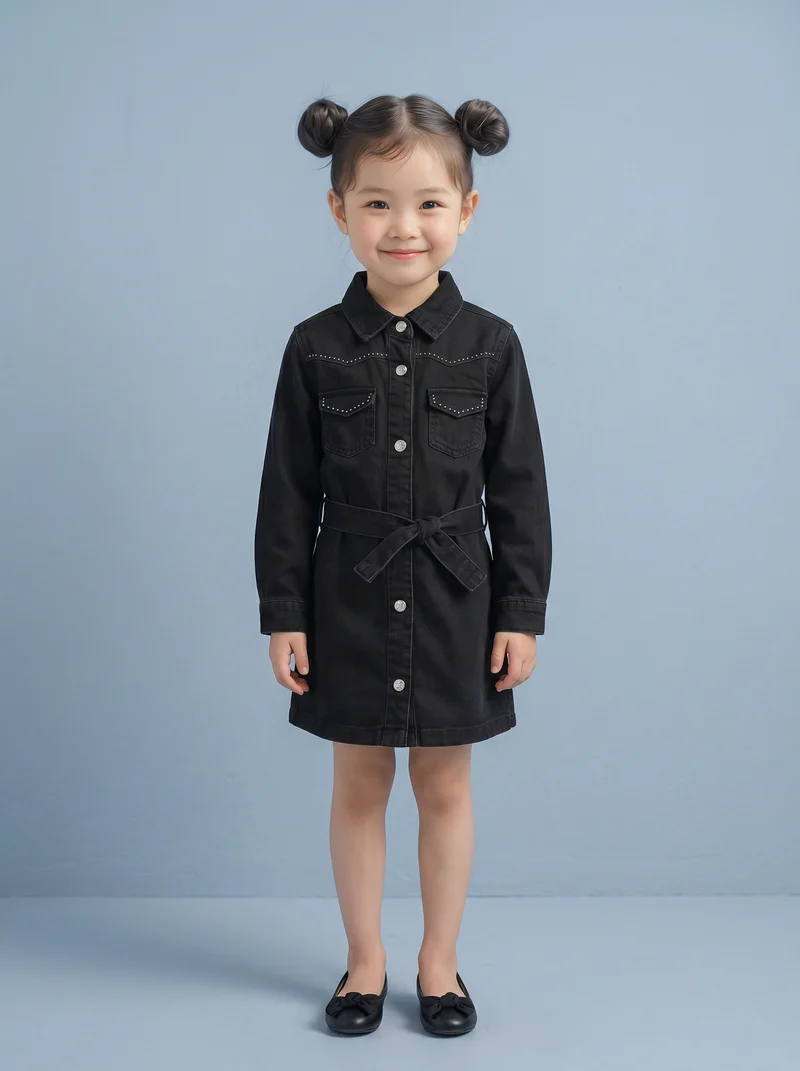 Abito in denim rock con borchie e cintura - Nero