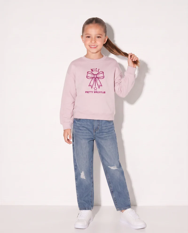 Felpa girocollo bambina con ricamo - Rosa polvere