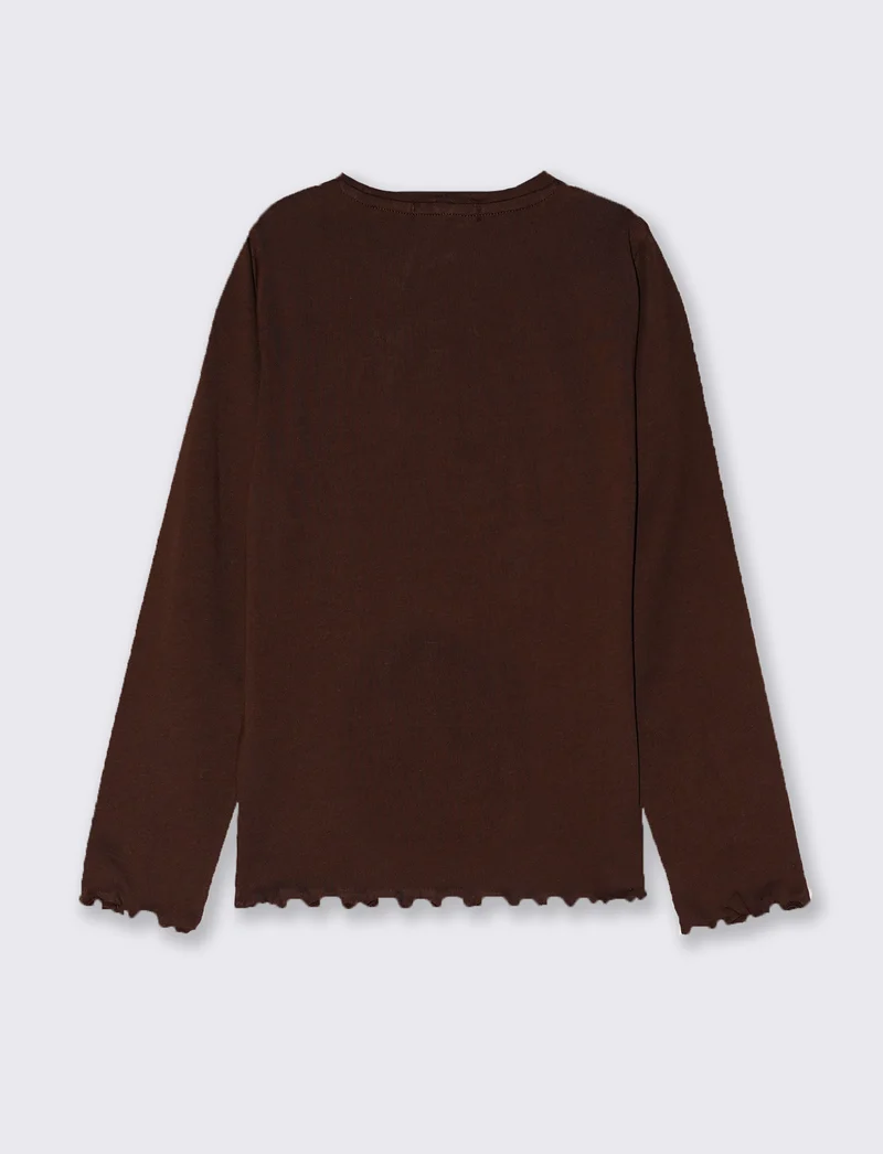 T-shirt manica lunga con orlo ondulato - Marrone cioccolato