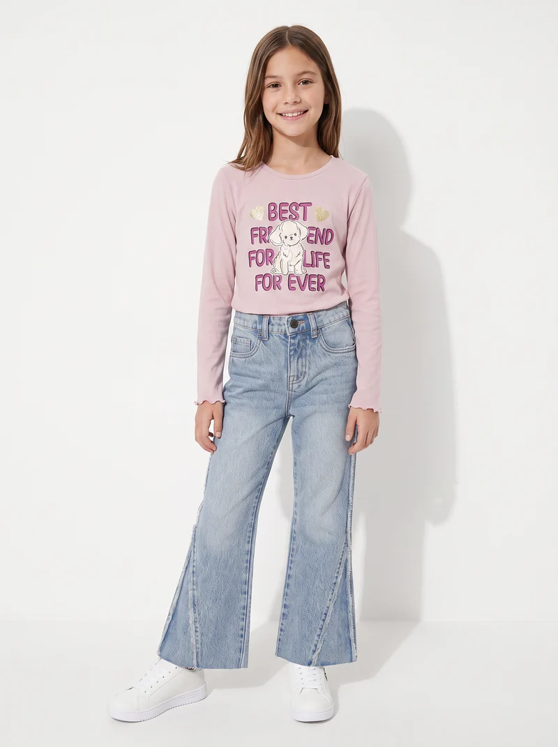 T-shirt manica lunga con orlo ondulato - Rosa polvere