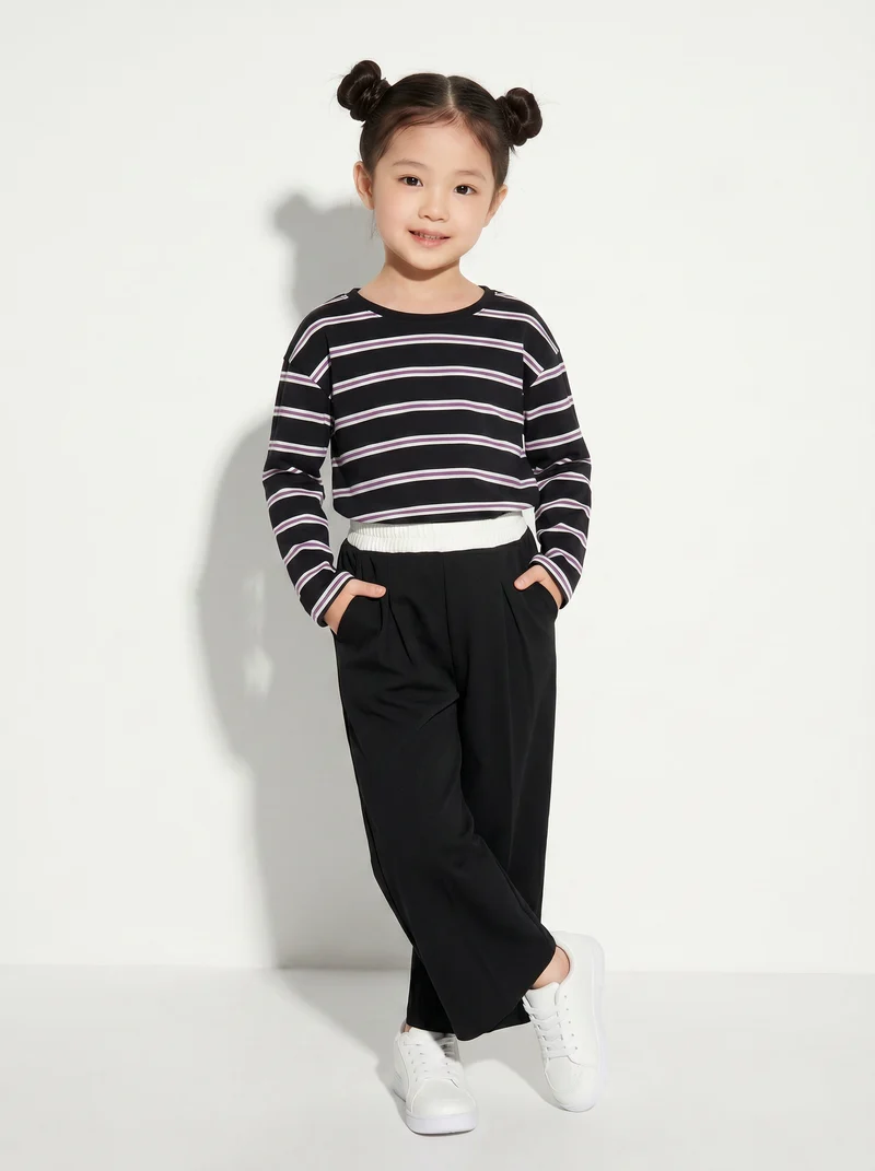 Pantaloni da bambina gamba ampia con laccetto - Nero