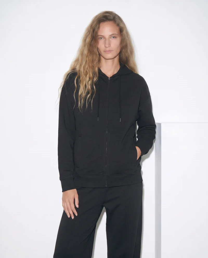 Felpa con zip e cappuccio a manica T - Nero