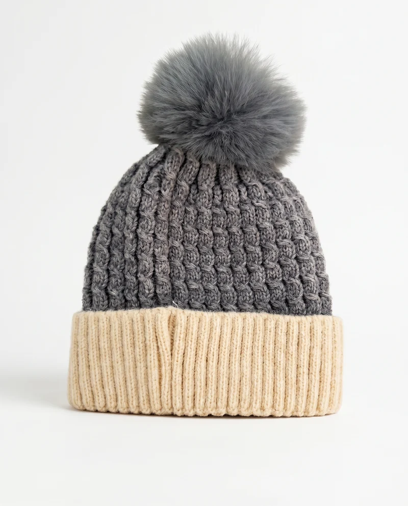 Cuffia neonato con trecce e pon pon - Beige