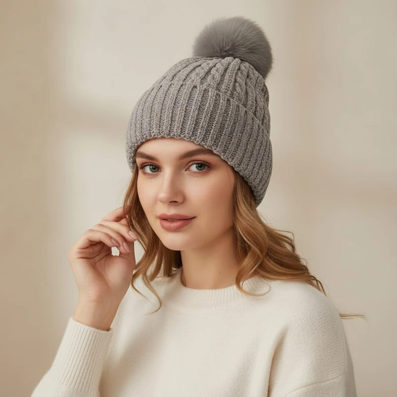 Cappello in maglia lurex con pon pon - Grigio